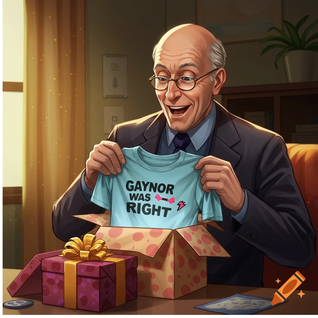 Professor Xavier holding up a t-shirt that reads "Gaynor was right" from a gift box.