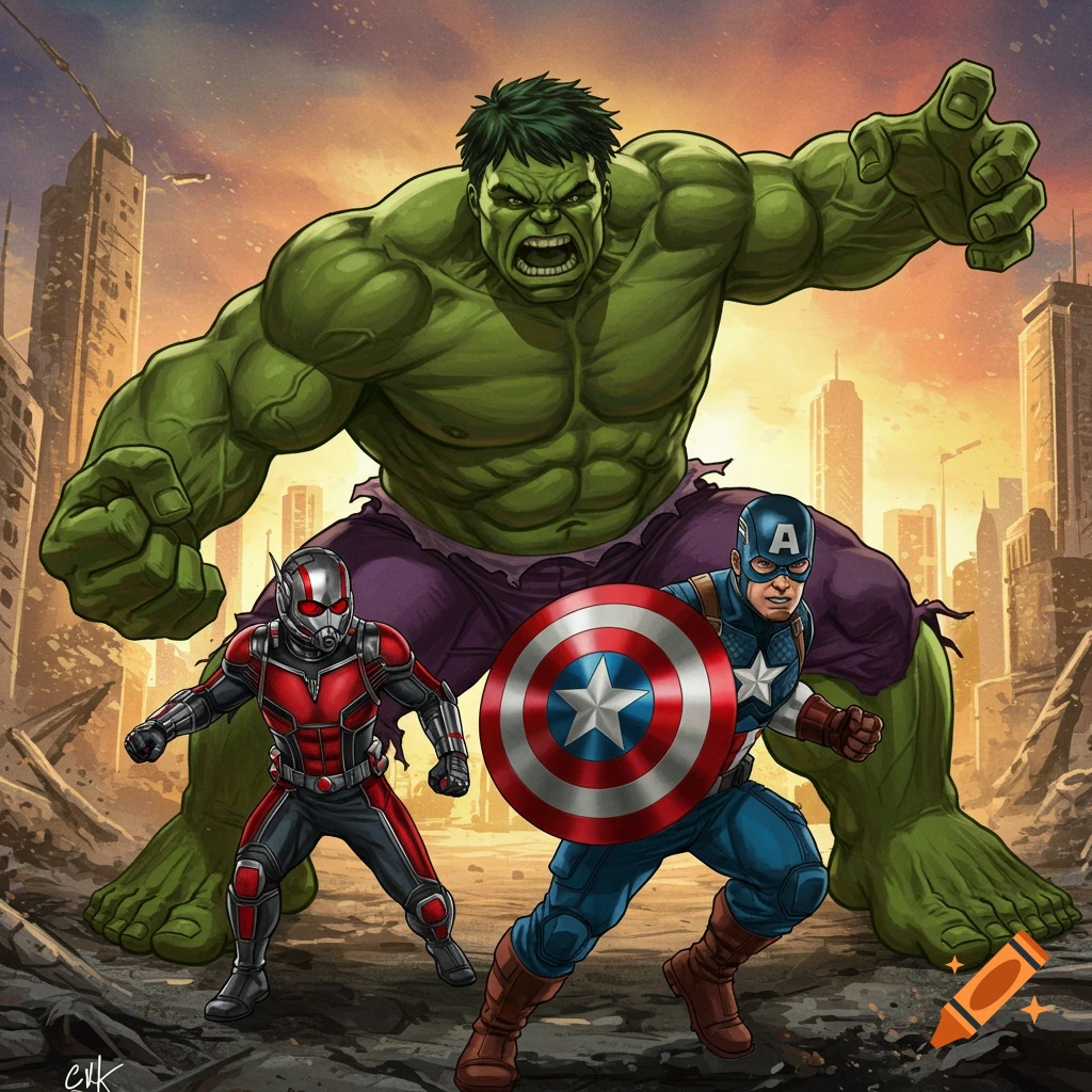 Hulk, Captain America, and Ant-Man pose heroically in a destroyed city landscape in a comic book art style.