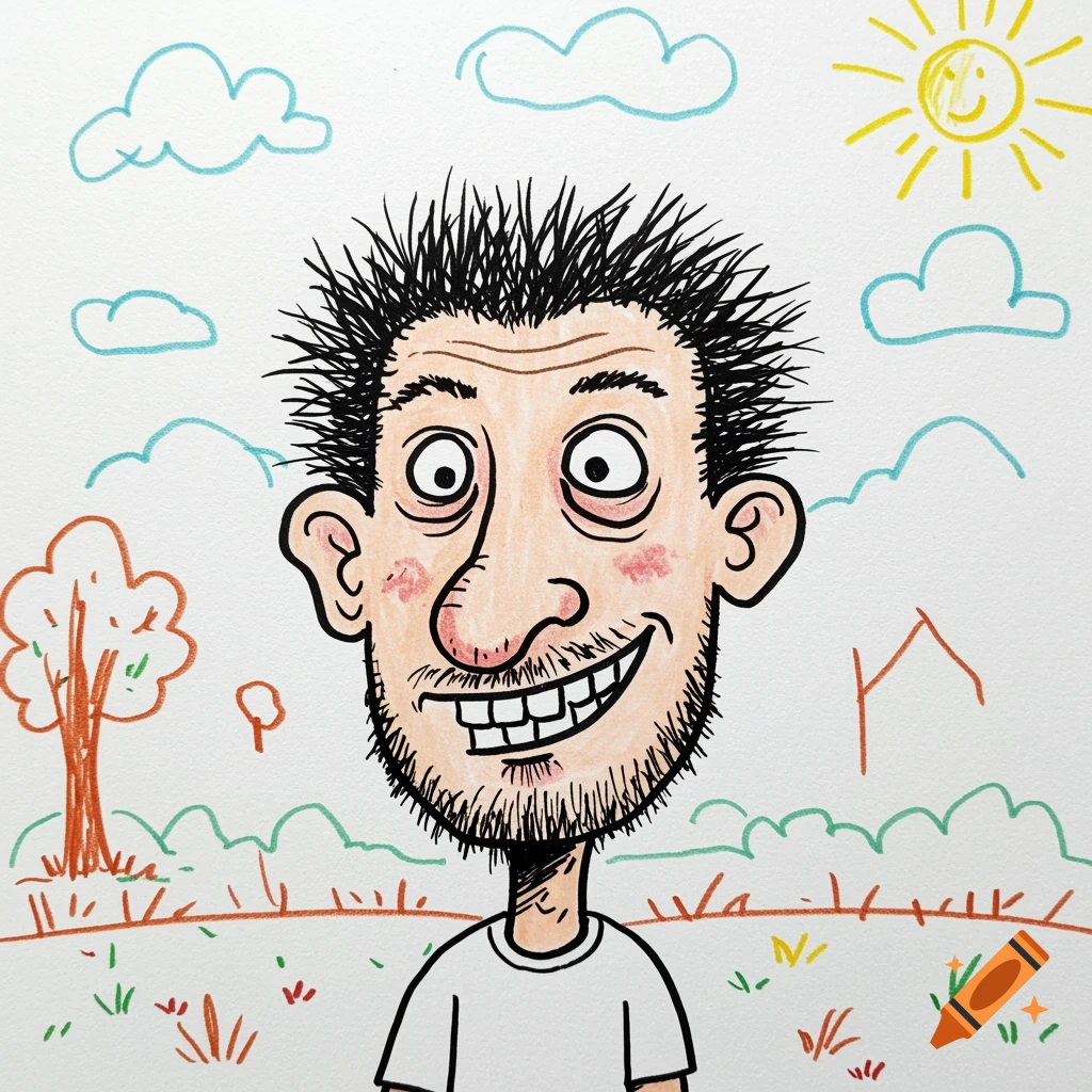 Cartoon drawing of a smiling man with spiky hair and beard in a childlike landscape.