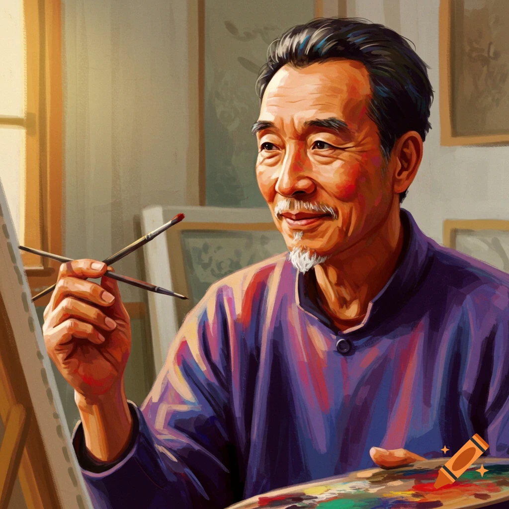An Asian artist is holding brushes and a palette and looking at a canvas in a studio