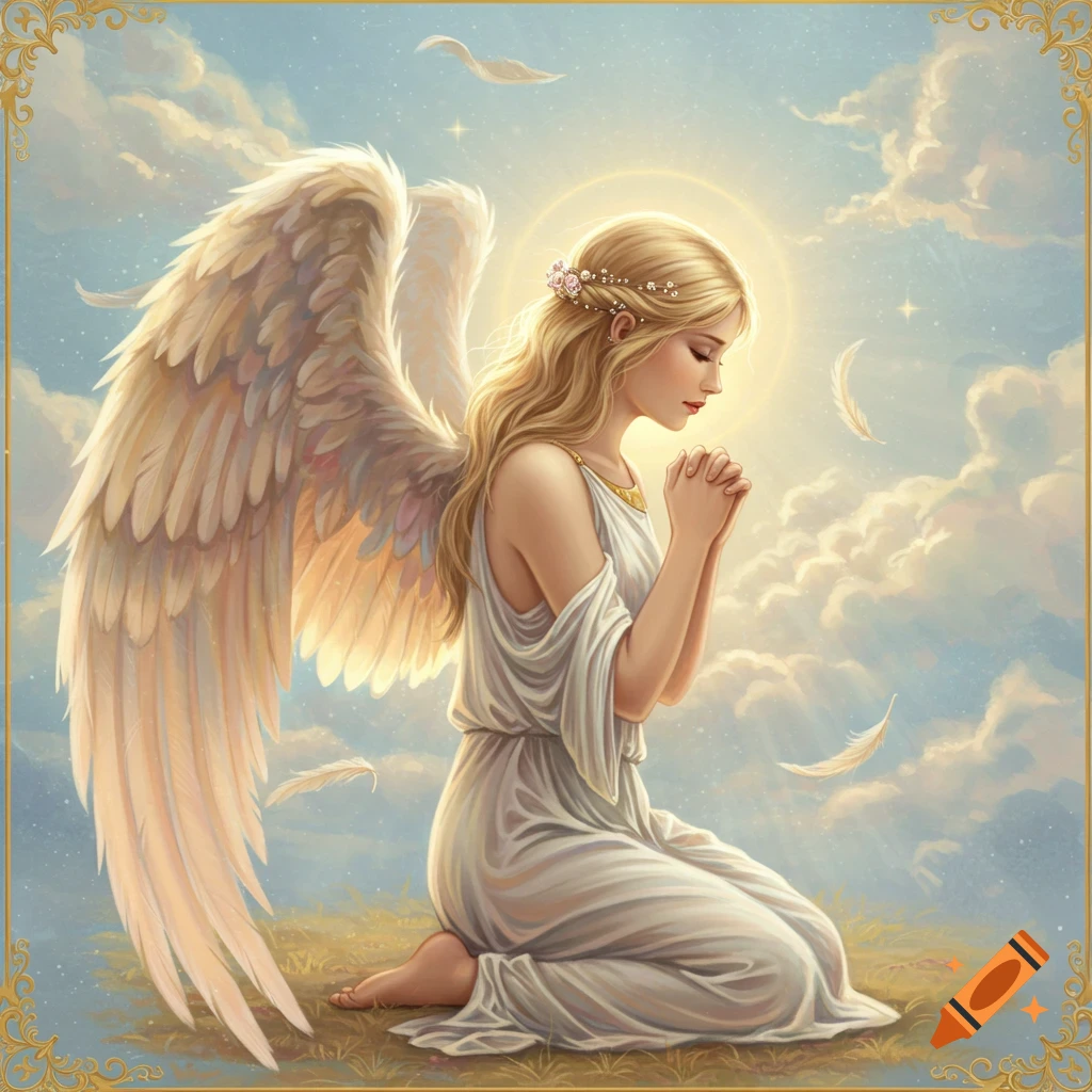 An angel with large wings is kneeling and praying in the clouds with light glowing around her head.