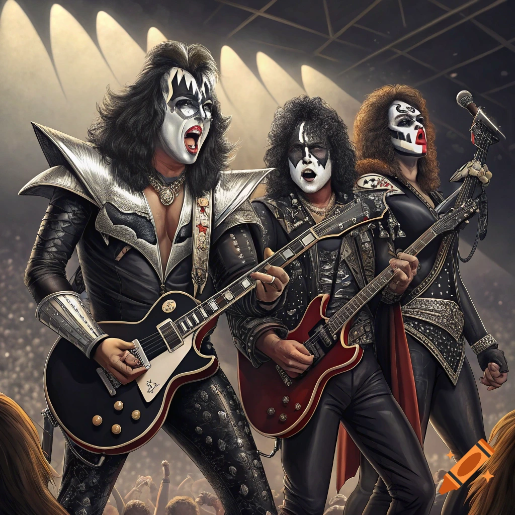 The rock band Kiss performs on stage with guitars and iconic face paint.