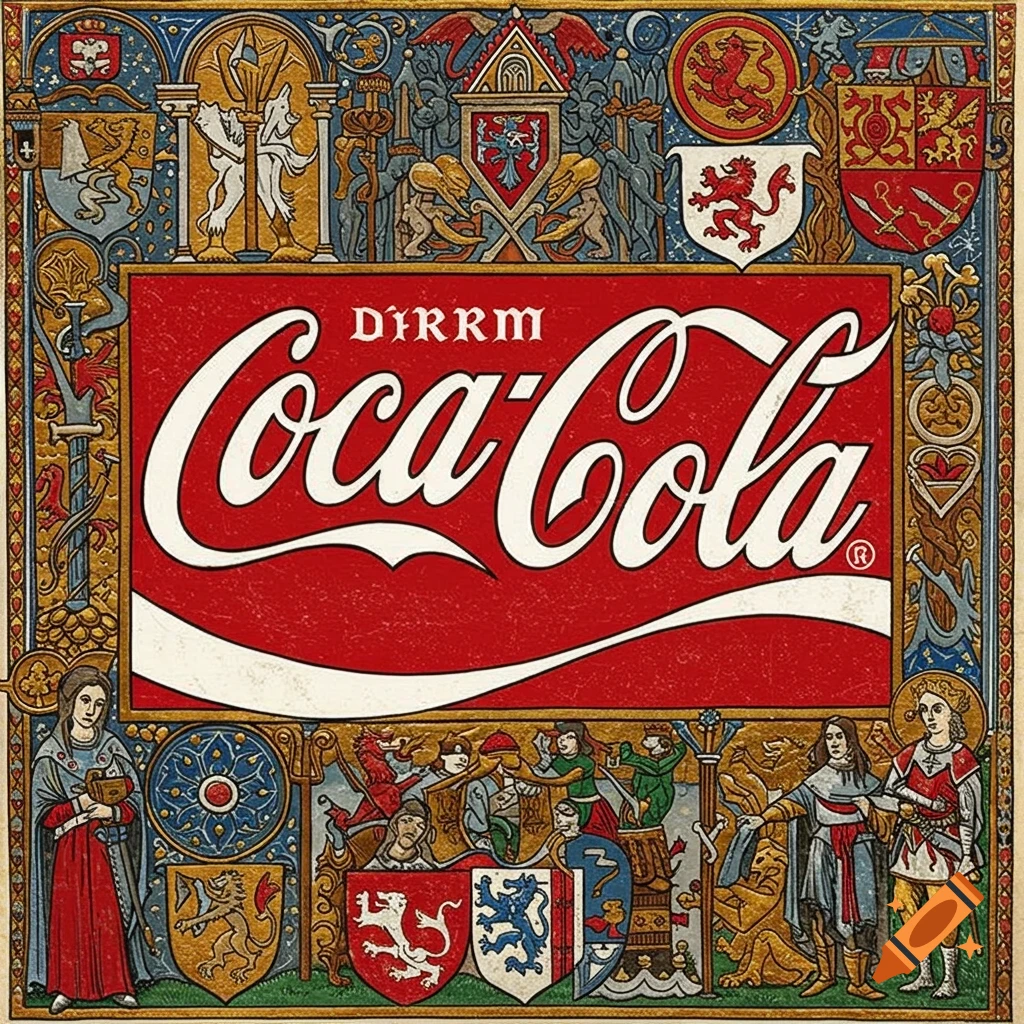 Medieval style featuring the Coca-Cola logo within an ornate illustrated border.