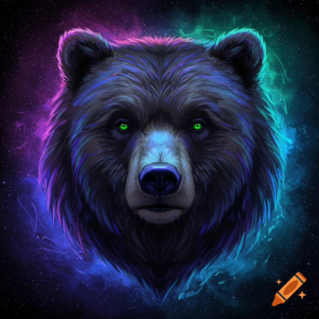 A bear head with green eyes against a blue and purple cosmic nebula background.