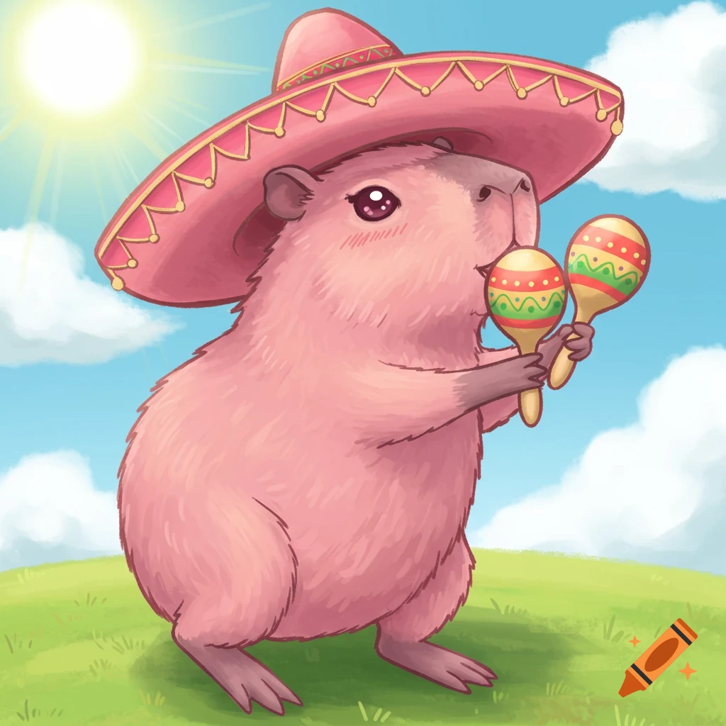 A pink capybara wearing a sombrero and playing maracas, rendered in a manga style illustration.