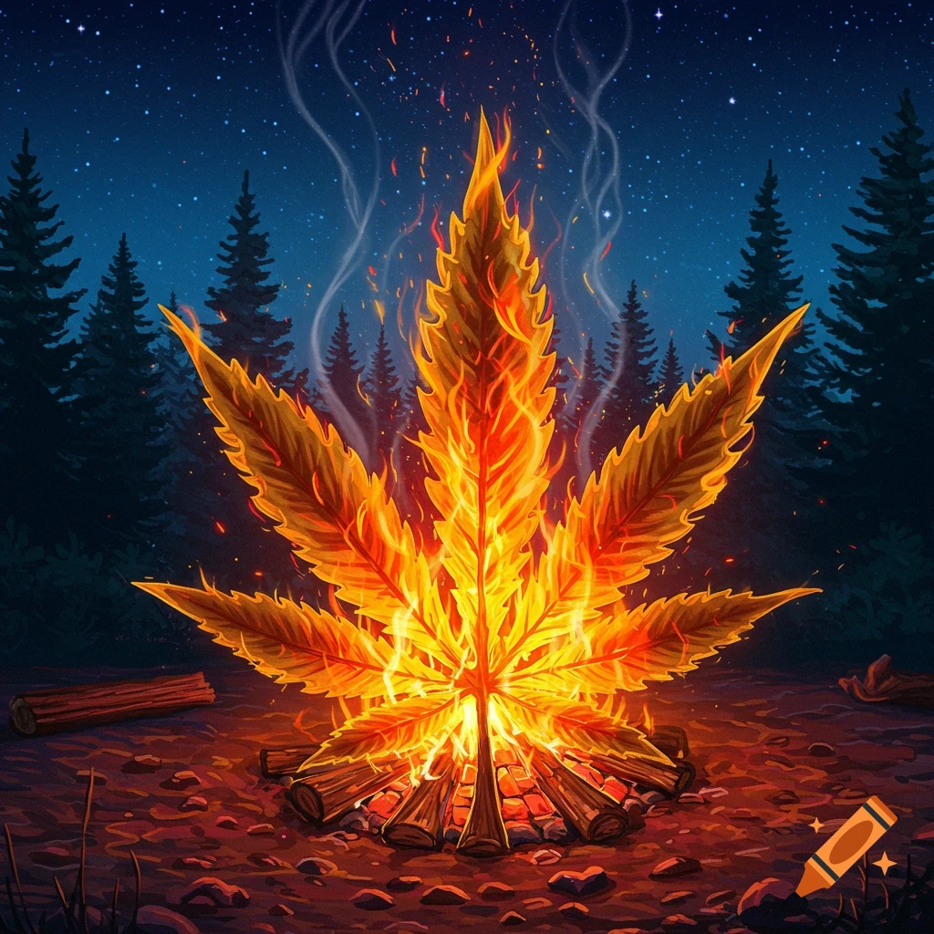 A forest campfire shaped like a burning marijuana leaf at night.