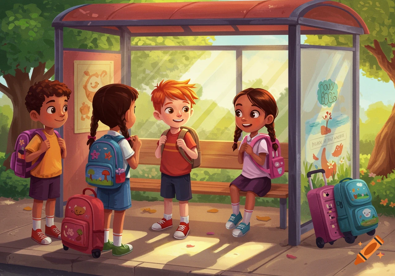 Diverse children with backpacks waiting at a bus stop on a sunny day.