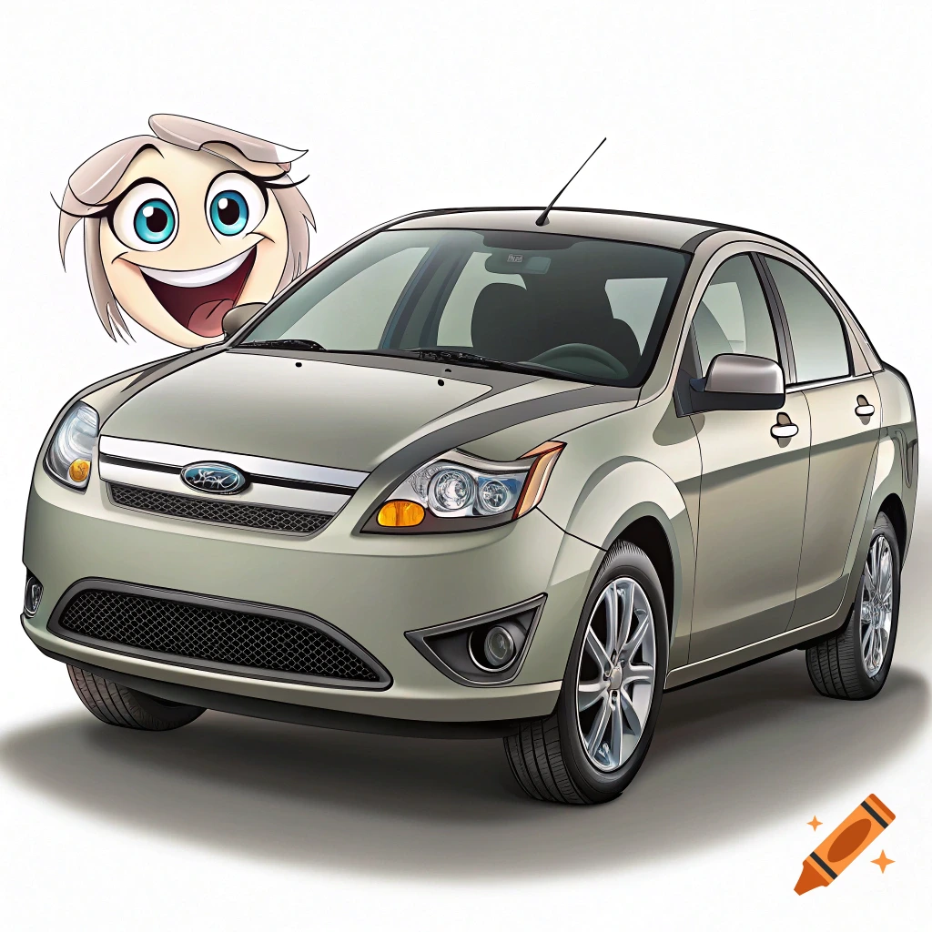 Silver sedan with a large smiling cartoon face behind it.