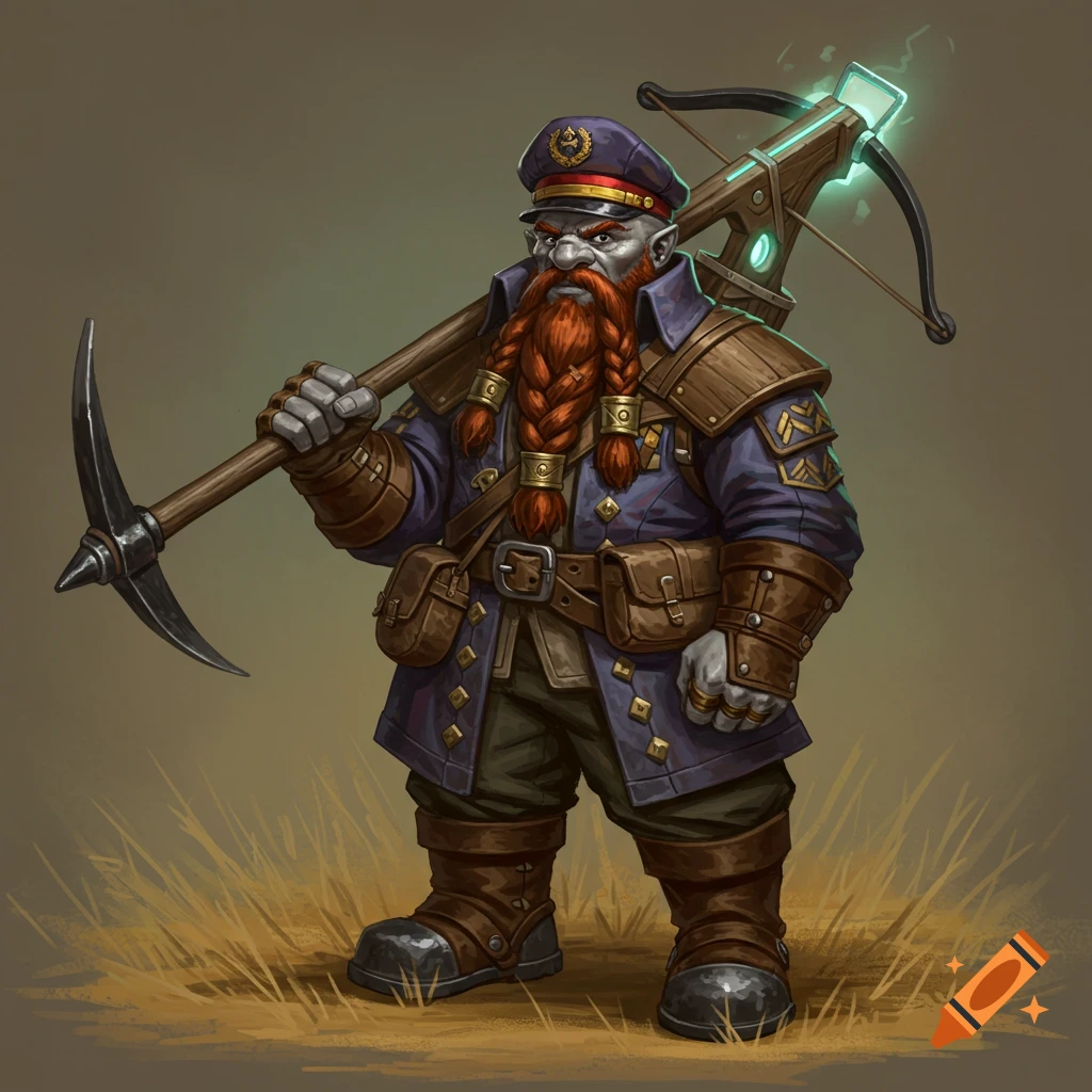 A grey-skinned dwarf in a uniform and hat, carrying a pickaxe and a glowing crossbow on a grassy plain.