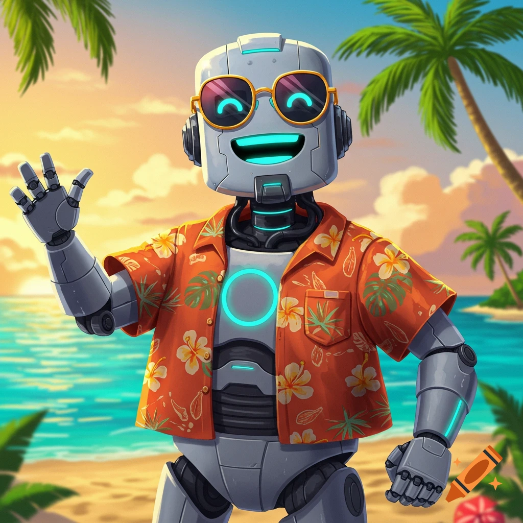 Happy robot in Hawaiian shirt and sunglasses waving on a tropical beach, digital art.