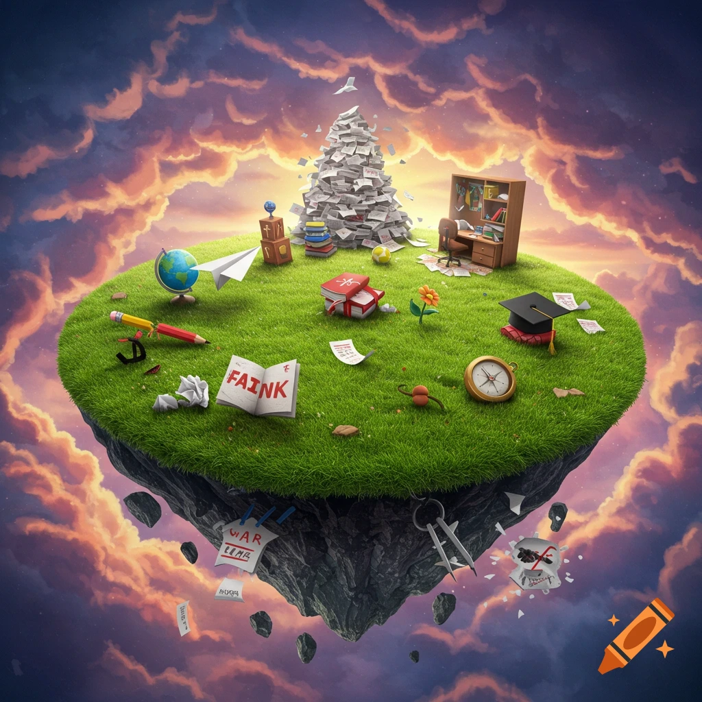 A floating island in the sky covered in grass and school supplies like books, papers, a desk, a globe, and a graduation cap.