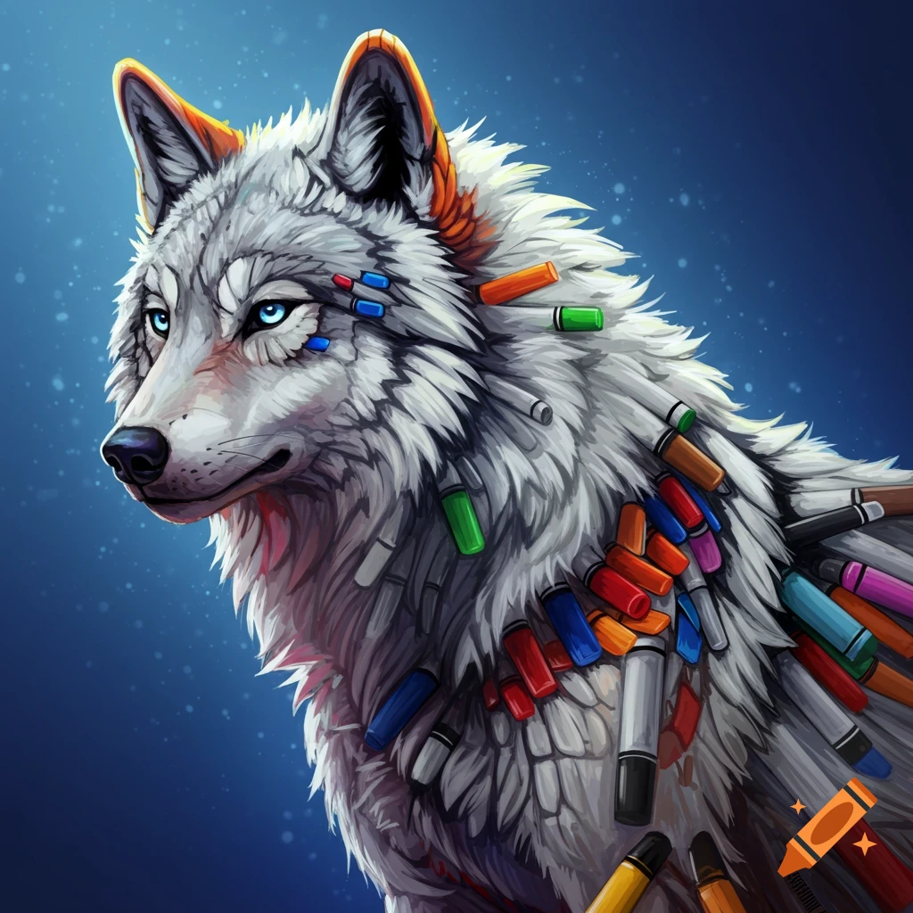 Stylized white wolf covered in colorful markers against a blue background.
