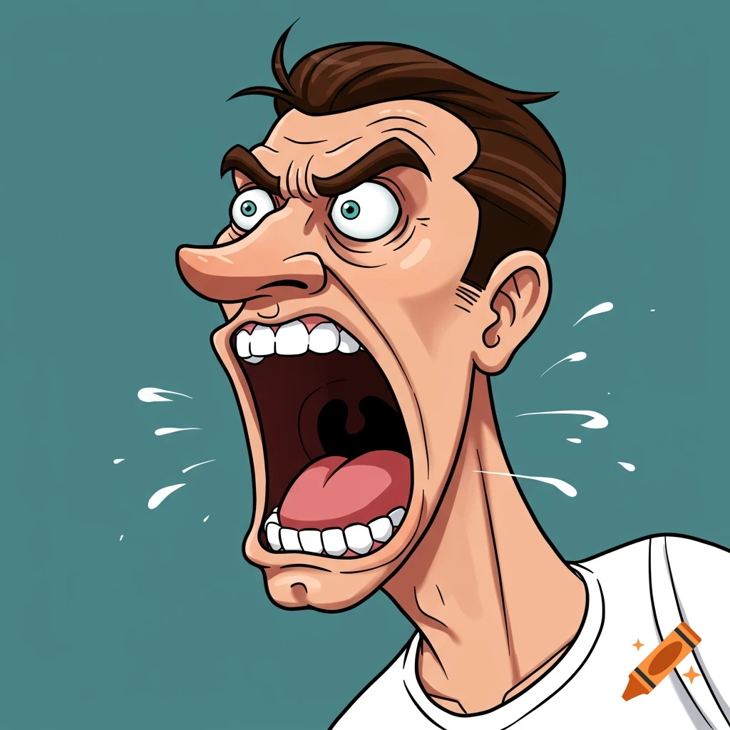 Cartoon illustration of a man yelling with his mouth wide open, spittle flying.