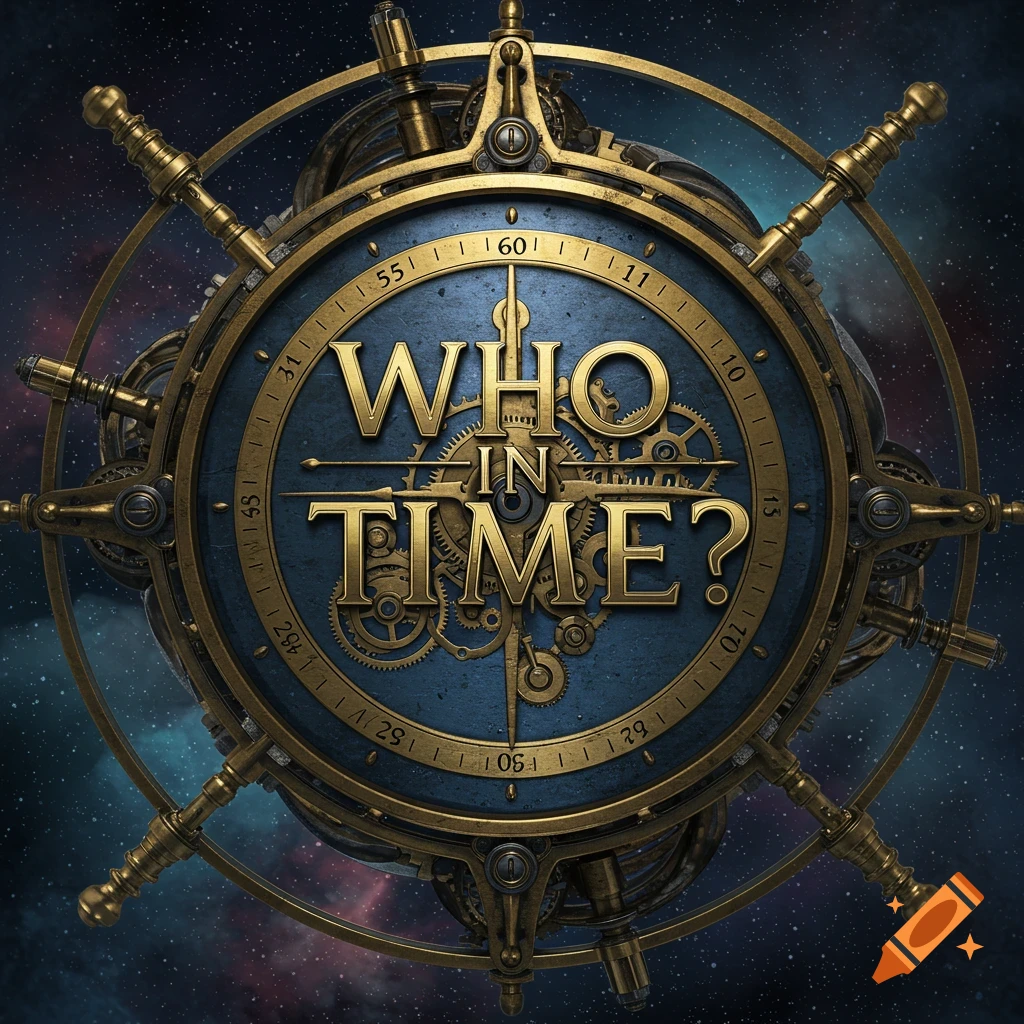 A steampunk clockwork device with gears and a ship's wheel motif, featuring the title 'WHO IN TIME?' against a starry space background.
