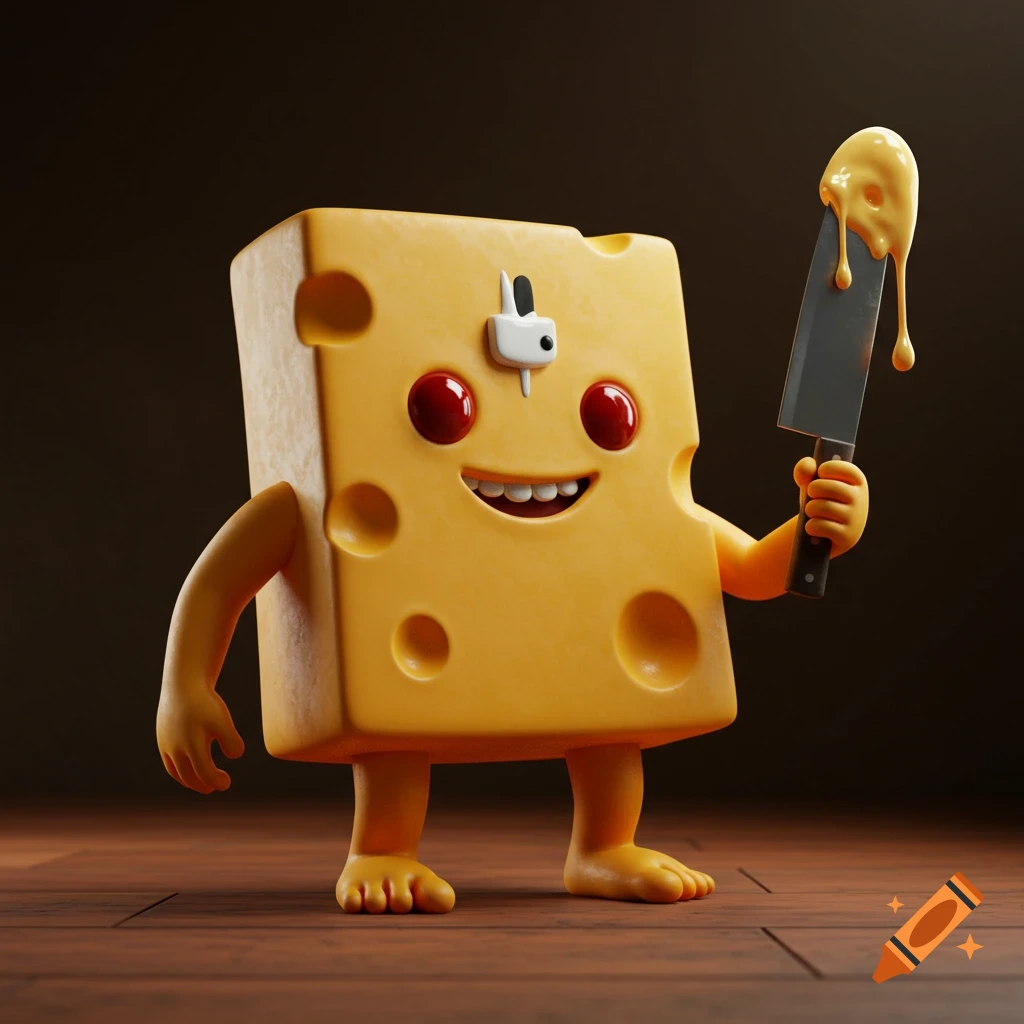 Cartoon cheese character holding a knife dripping cheese, 3D animation style