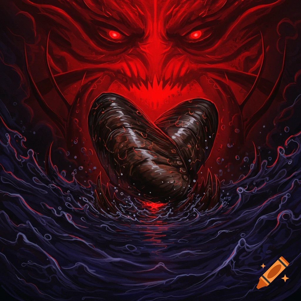 A dark, red-eyed creature emerging from water, holding a segmented object
