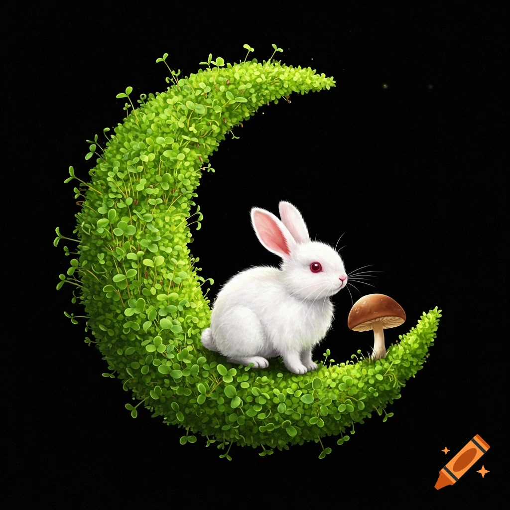 A white rabbit sits on a crescent moon made of microgreens, next to a mushroom.