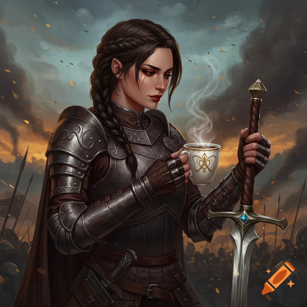 A female warrior in armor holds coffee and a sword on a battlefield.