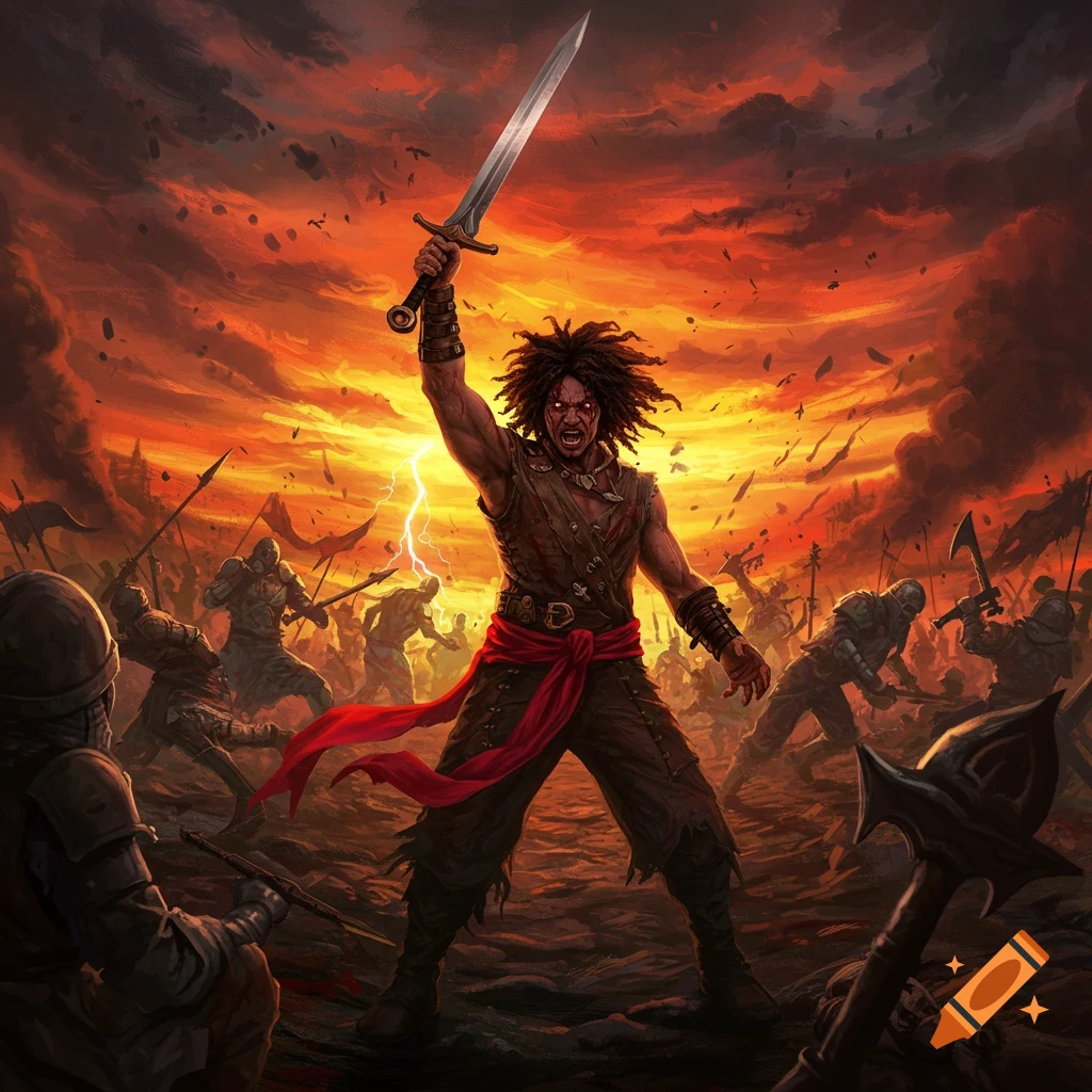 A fierce warrior in battle raises a sword under a dramatic stormy sky.