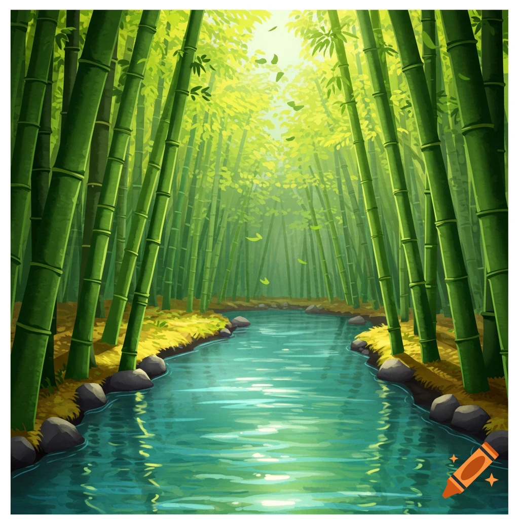 A bamboo forest with a river.