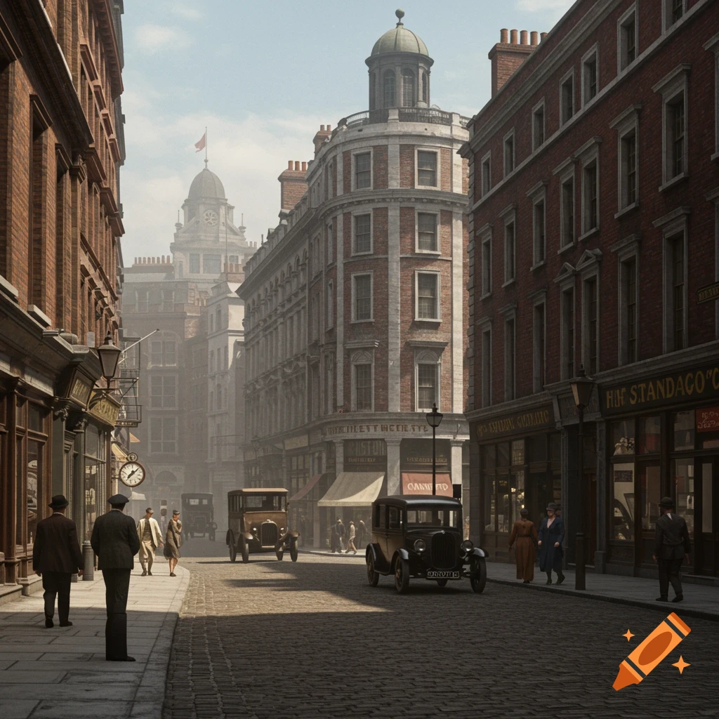 Street scene in historical London with vintage cars and pedestrians