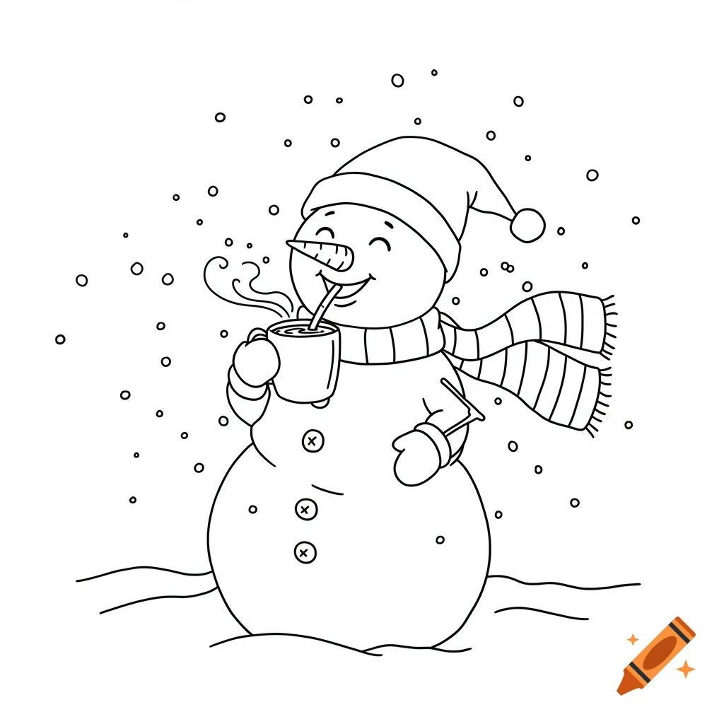 Line art drawing of a snowman drinking from a mug.