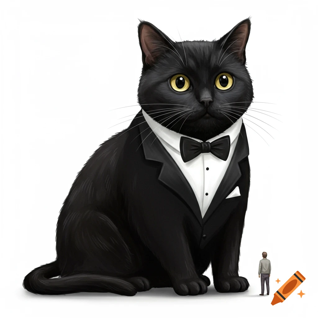 A large black cat in a tuxedo sits next to a tiny person.