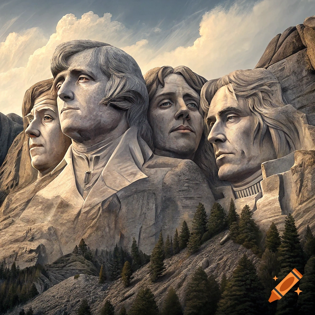 Sculpture of four faces carved into a mountain landscape, like Mount Rushmore.
