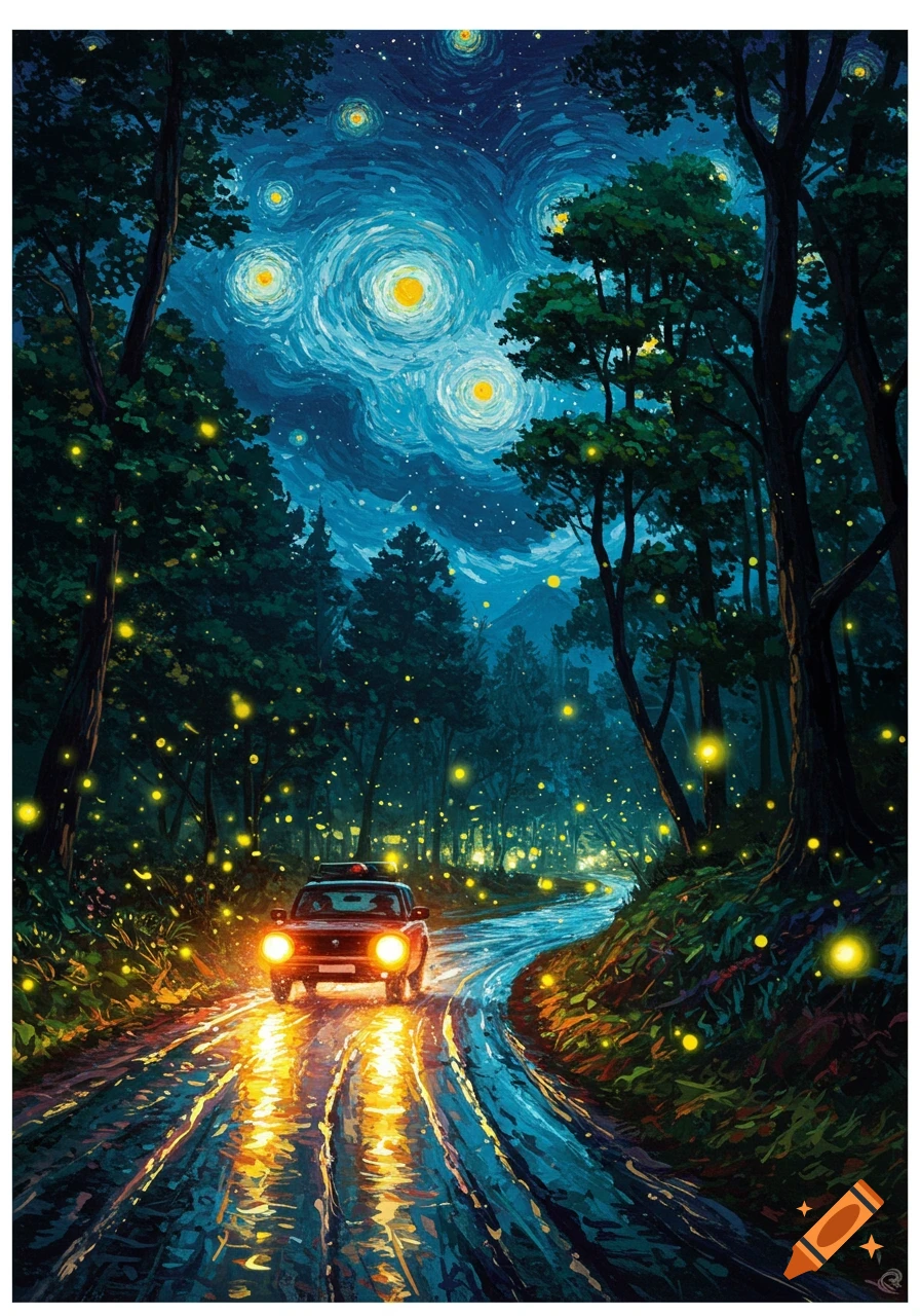 Painterly style image of a car driving on a wet road through a firefly-filled forest under a swirling starry night sky.