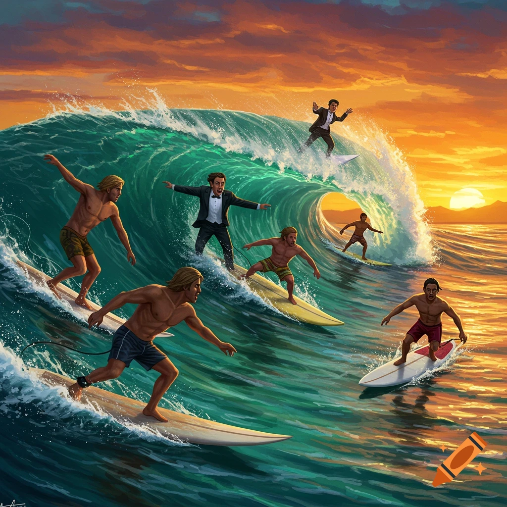 Men surfing a large wave at sunset; one surfer wears a tuxedo.