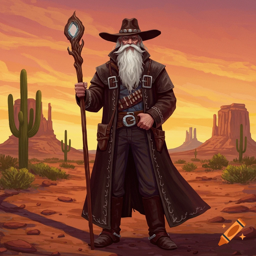 A bearded wizard in a cowboy hat and duster coat holds a glowing staff in a desert landscape.