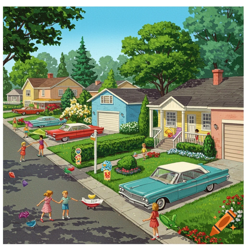 A 1960s suburban street with houses, classic cars, and children playing.
