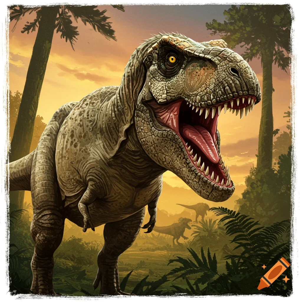 A T-Rex roaring in a prehistoric forest at sunset.