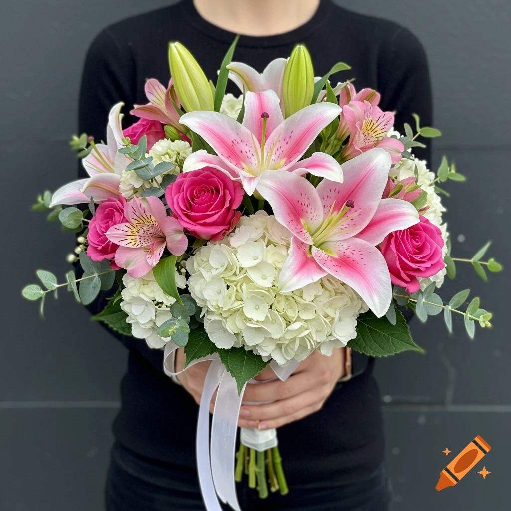 A bouquet of pink lilies, roses, and white hydrangeas held by a person.