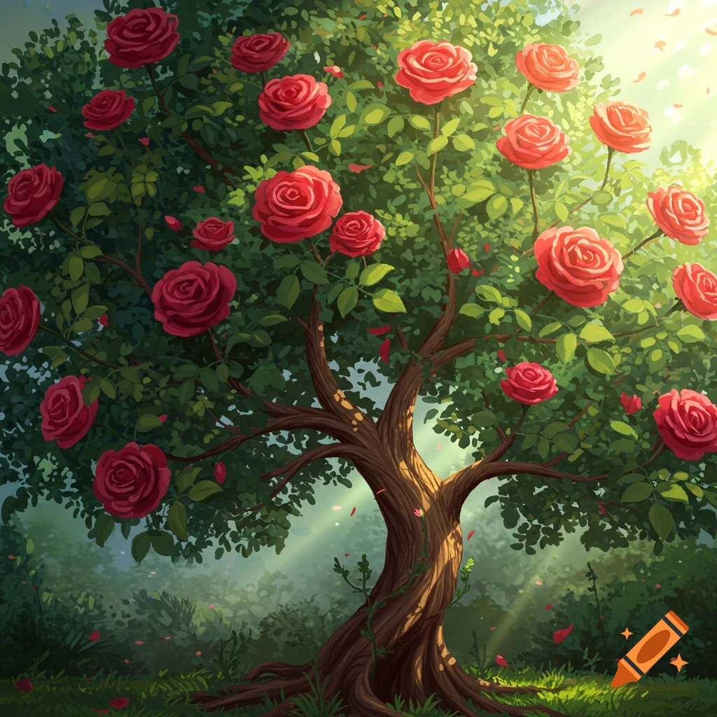 A fantasy tree with red roses growing among its leaves and branches in a sunny forest.