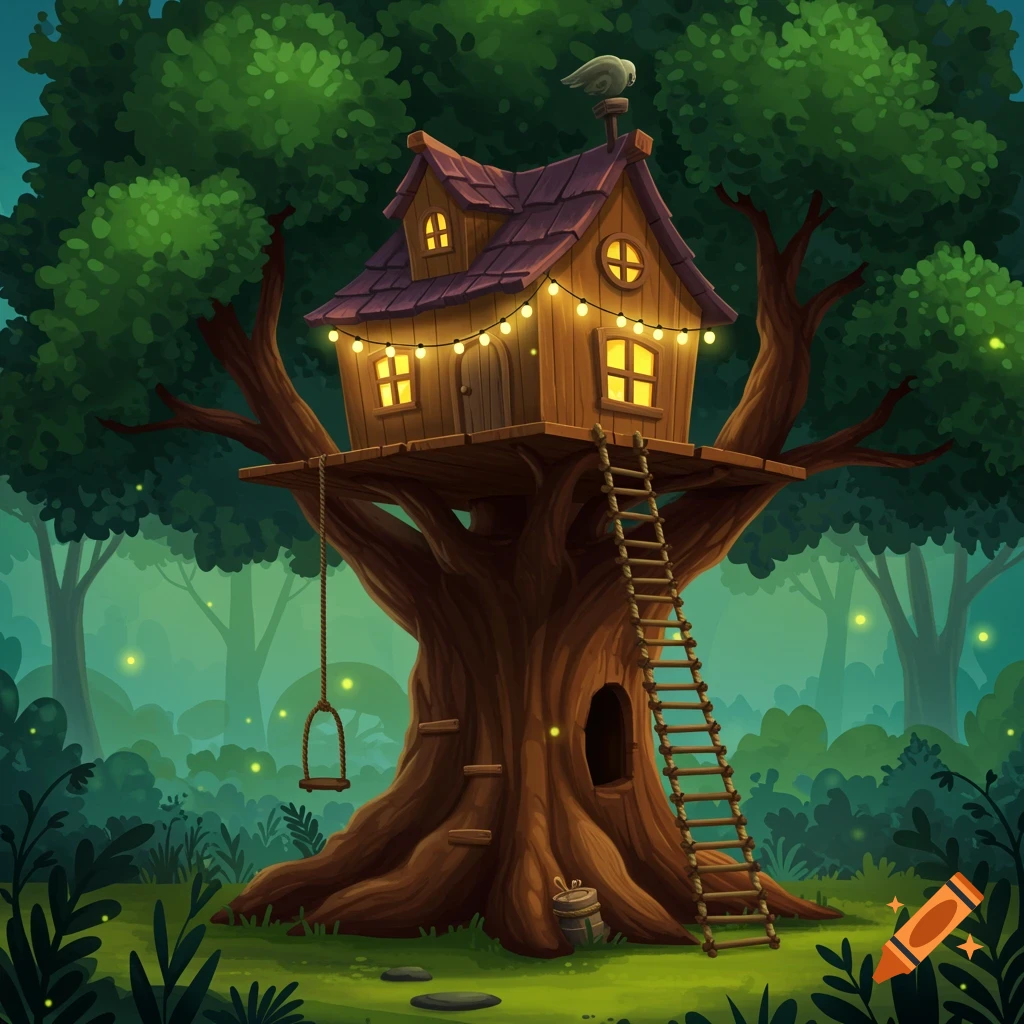 A whimsical cartoon illustration of a cozy treehouse lit with string lights, nestled in a magical forest.