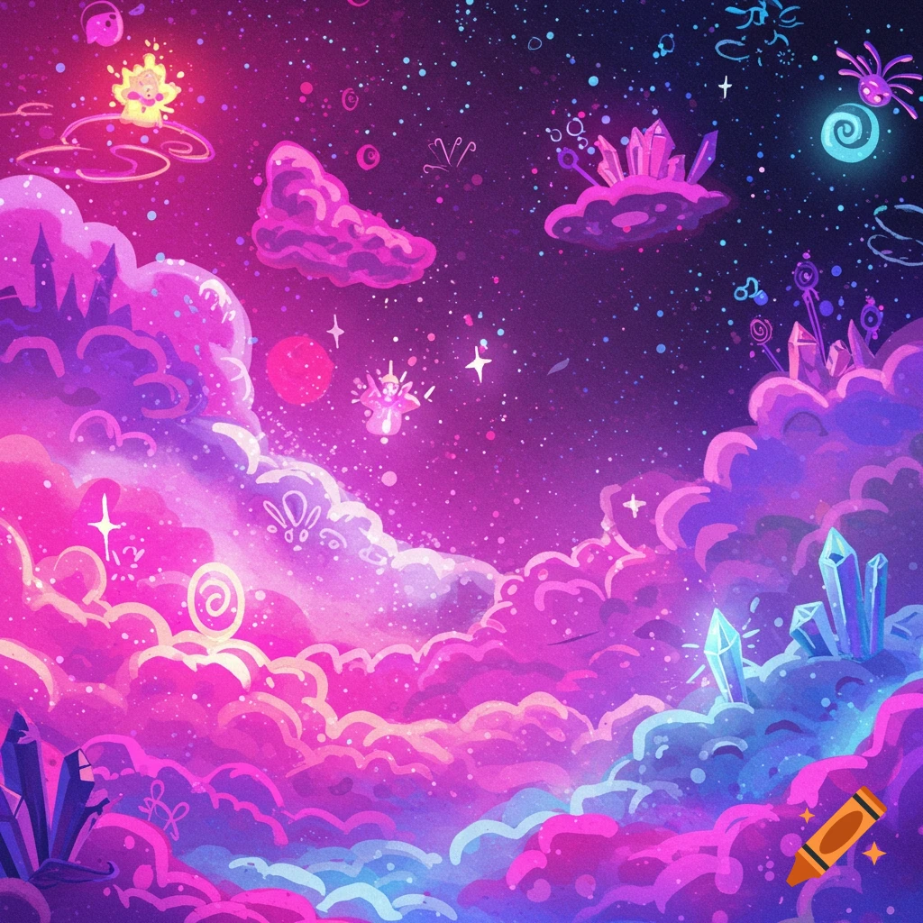 A dreamy, vibrant pink and purple cosmic landscape with clouds, glowing crystals, and floating shapes.
