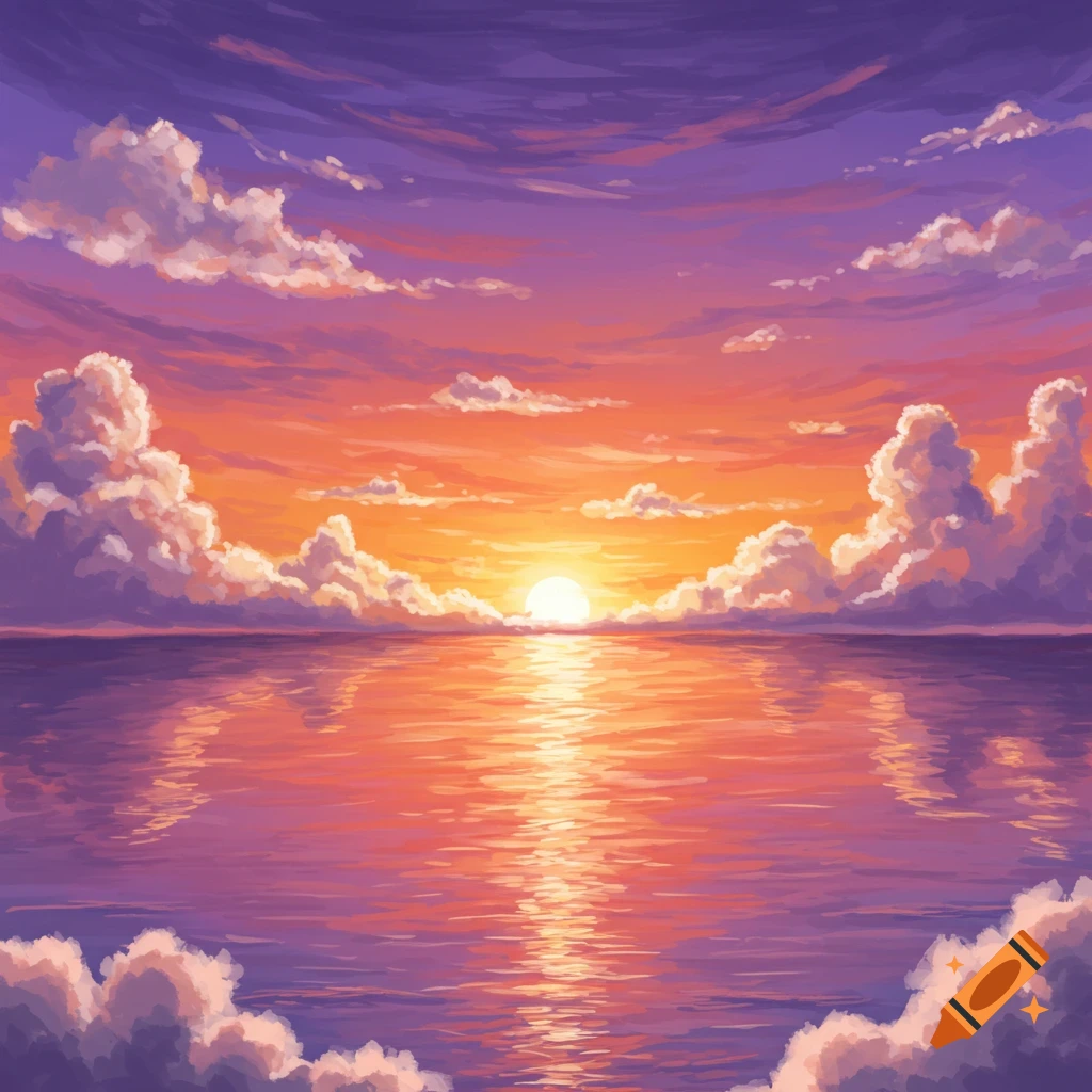 A vibrant sunset over the ocean with colorful clouds and reflections.