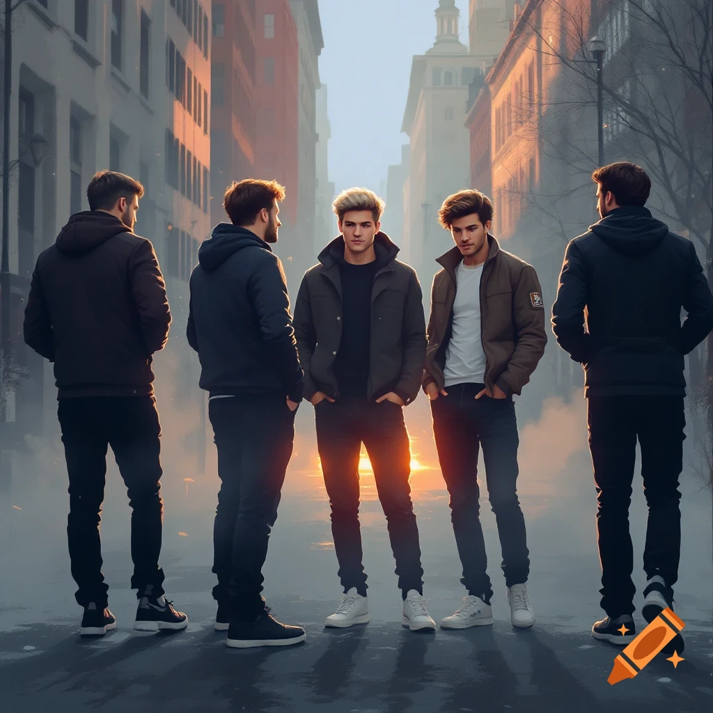Five young men in jackets stand on an urban street at sunset.