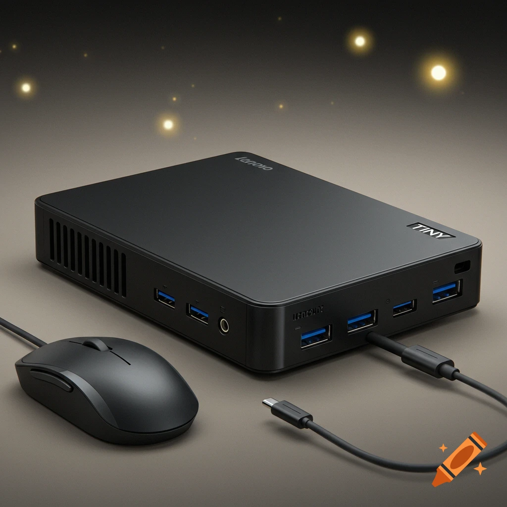 A black small form factor PC and mouse with bokeh lights in the background.