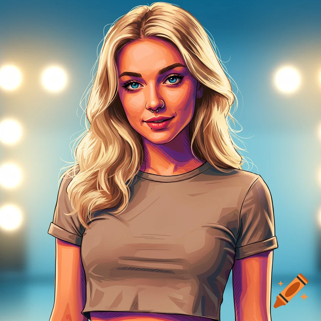 A blonde woman wearing a crop top with a nose piercing against a background of lights.