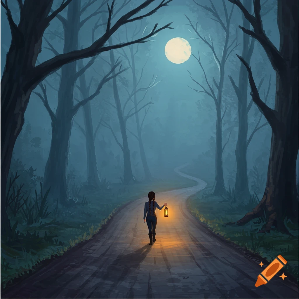 A person walks a foggy forest path at night with a lantern under a full moon.