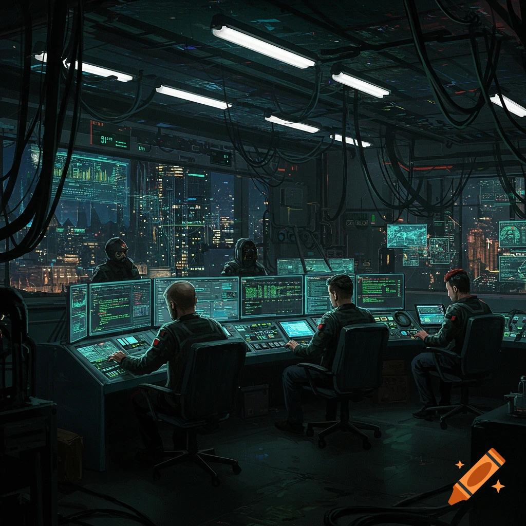 Hackers in a dark control room with screens displaying data, overlooking a city skyline at night.
