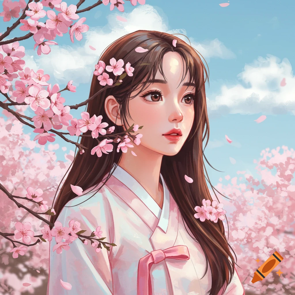A woman in a hanbok is surrounded by cherry blossoms.