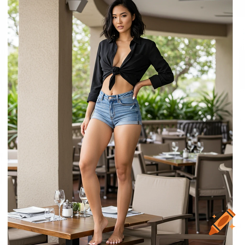 Woman in a black tied shirt and denim shorts standing on a restaurant table.