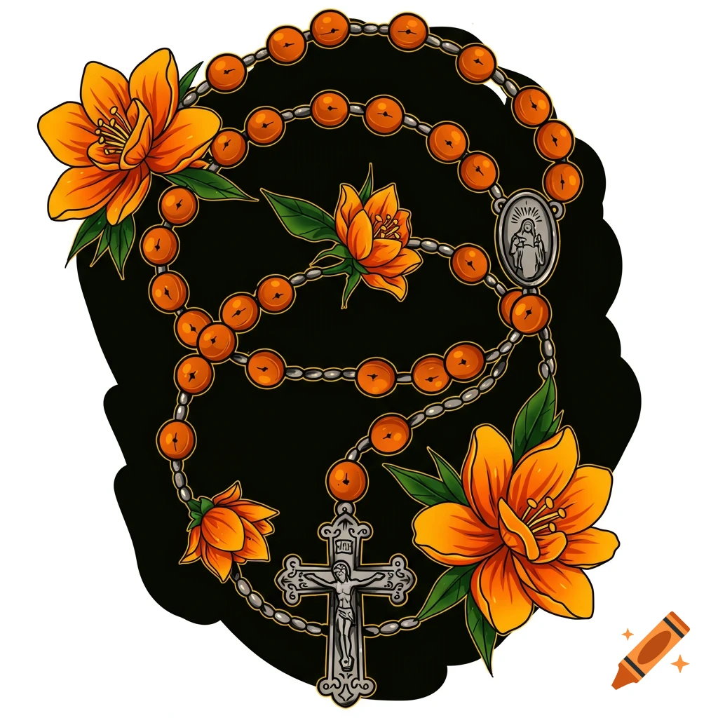 A rosary made with orange beads and flowers on a black background.