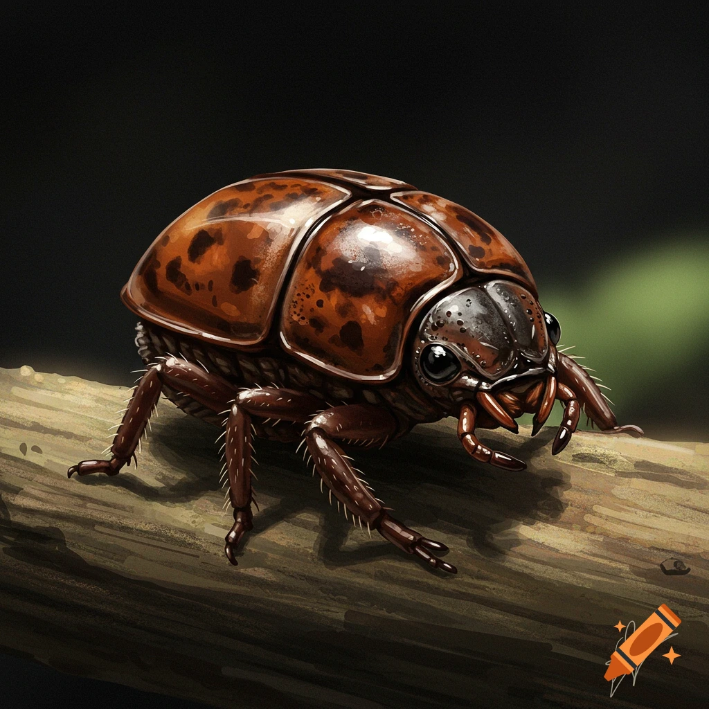 A large, spotted orange beetle is perched on a log.