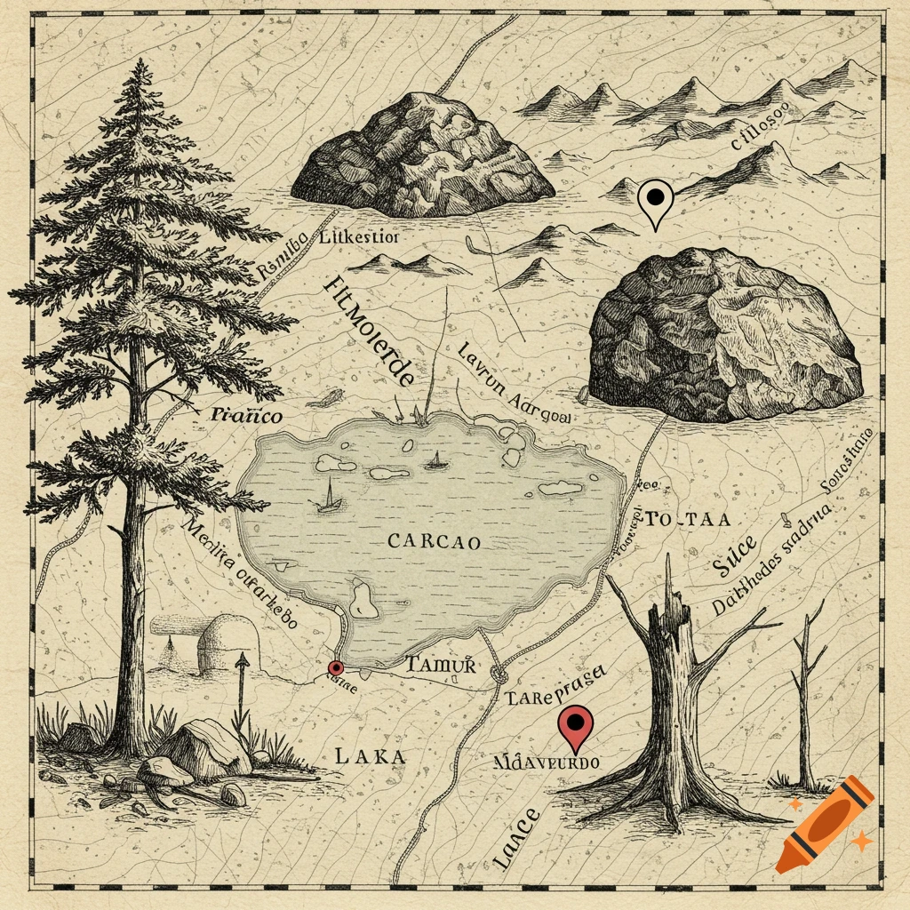 Hand-drawn map illustration of a landscape with a lake, mountains, forest, and marked locations.