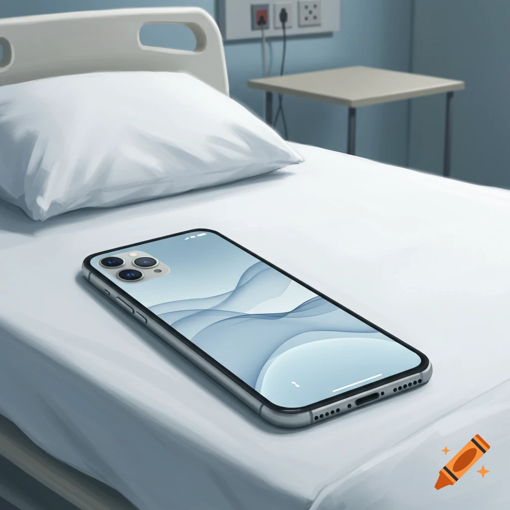 An iPhone is lying on a hospital bed.