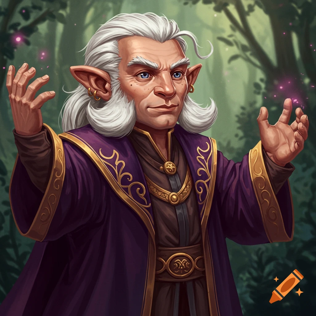 A halfling wizard with white hair and purple robe casting magic in a forest